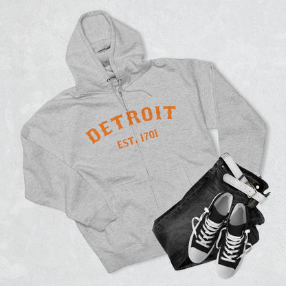 'Detroit EST. 1701' Hoodie (Orange Ballpark Font) | Unisex Full Zip