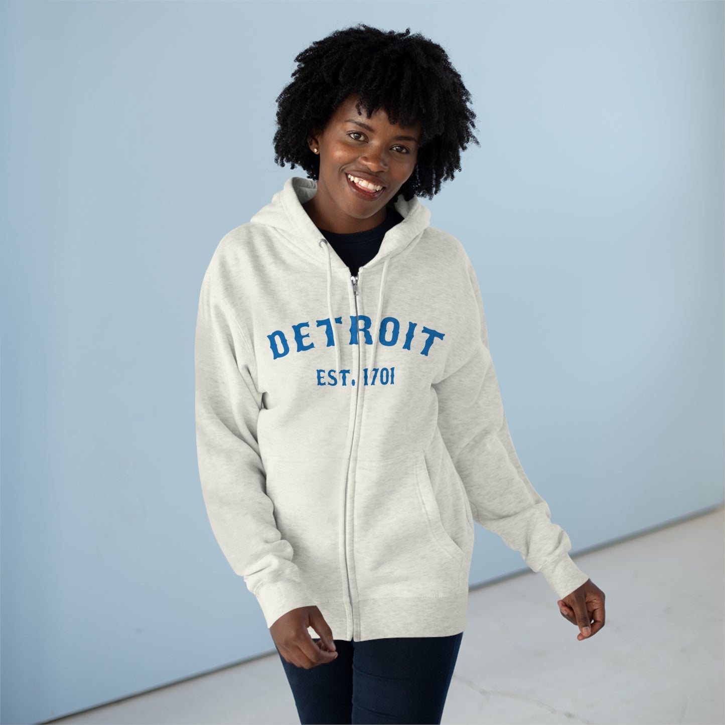 'Detroit EST. 1701' Hoodie (Azure Ballpark Font) | Unisex Full Zip
