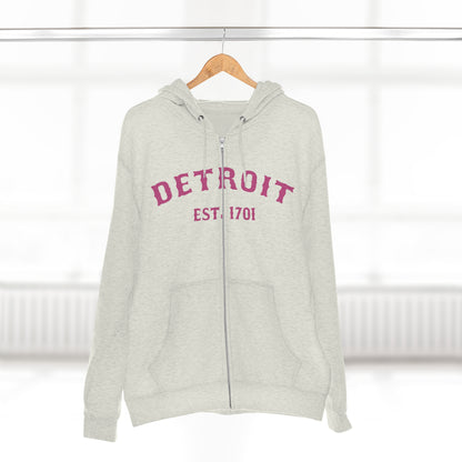 'Detroit EST. 1701' Hoodie (Apple Blossom Pink Ballpark Font) | Unisex Full Zip