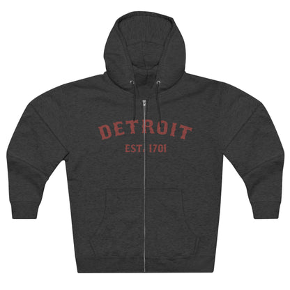 'Detroit EST. 1701' Hoodie (Ore Dock Red Ballpark Font) | Unisex Full Zip