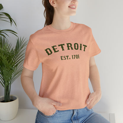 'Detroit EST. 1701' T-Shirt (Army Green Ballpark Font) | Unisex Standard