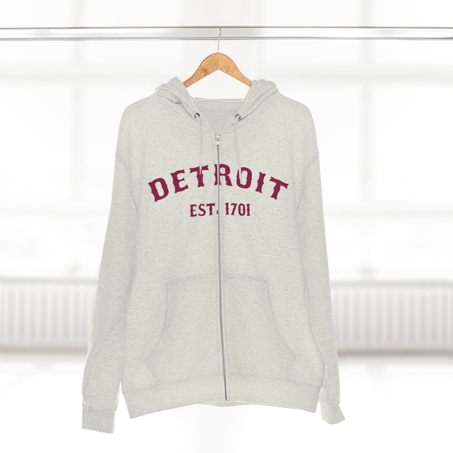 'Detroit EST. 1701' Hoodie (Ruby Red Ballpark Font) | Unisex Full Zip