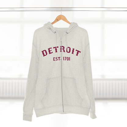 'Detroit EST. 1701' Hoodie (Ruby Red Ballpark Font) | Unisex Full Zip