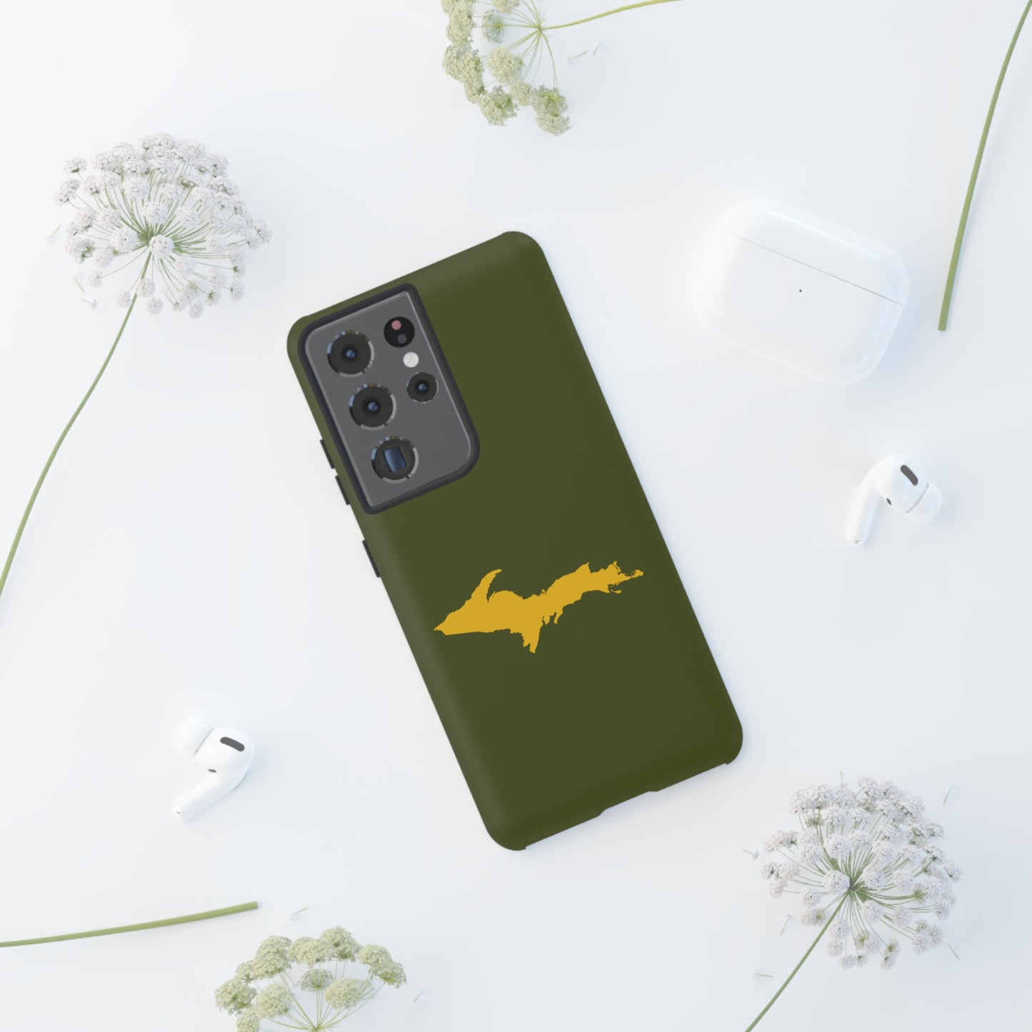 Michigan Upper Peninsula Tough Phone Case (Army Green w/ Gold UP Outline) | Samsung & Pixel Android