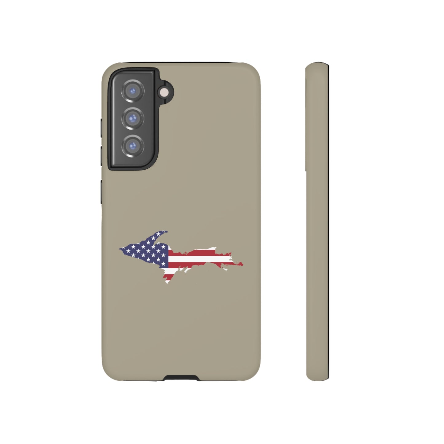 Michigan Upper Peninsula Tough Phone Case (Petoskey Stone Beige w/ UP USA Flag Outline) | Samsung & Pixel Android