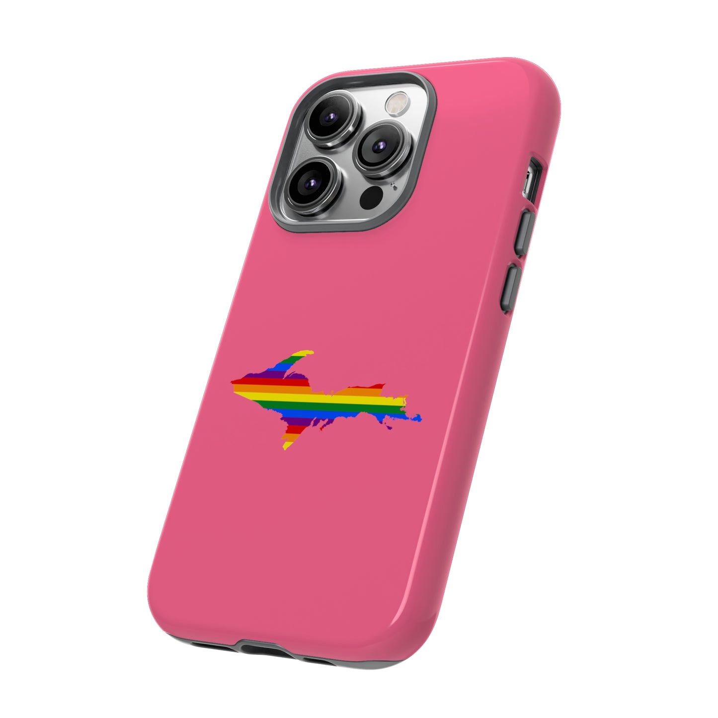 Michigan Upper Peninsula Tough Phone Case (Rhodochrosite Pink w/ UP Pride Flag Outline) | Apple iPhone