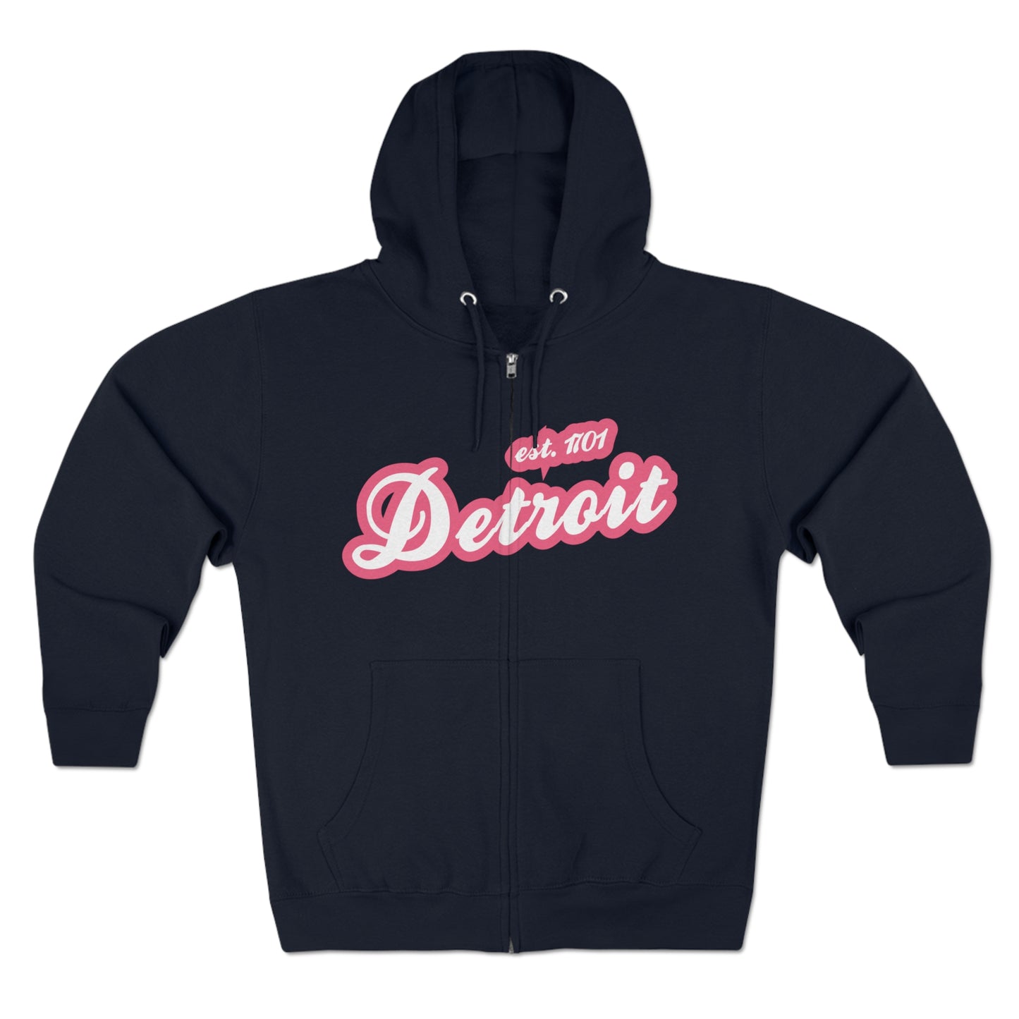 'Detroit EST 1701' Hoodie (Rhodochrosite Pink Script Font) | Unisex Full Zip