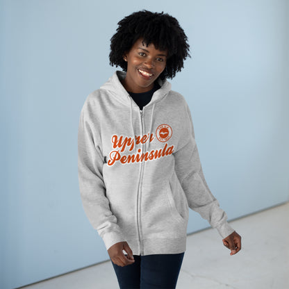 Upper Peninsula EST 1837' Hoodie (Maple Leaf Orange Script Font) | Unisex Full Zip