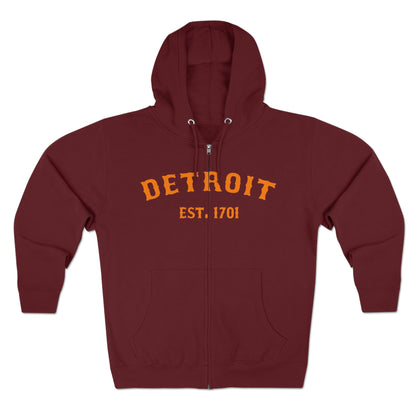 'Detroit EST. 1701' Hoodie (Orange Ballpark Font) | Unisex Full Zip