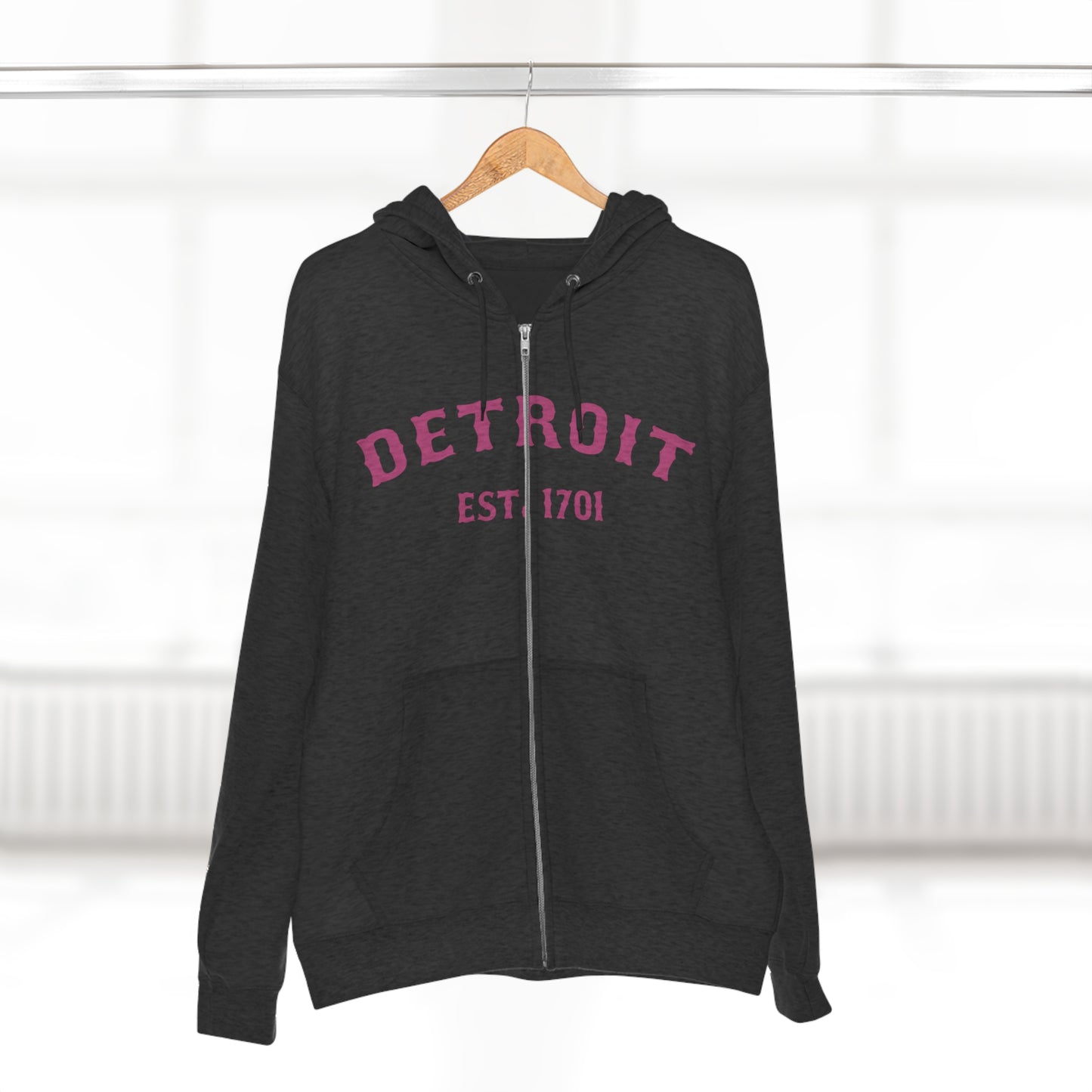 'Detroit EST. 1701' Hoodie (Apple Blossom Pink Ballpark Font) | Unisex Full Zip