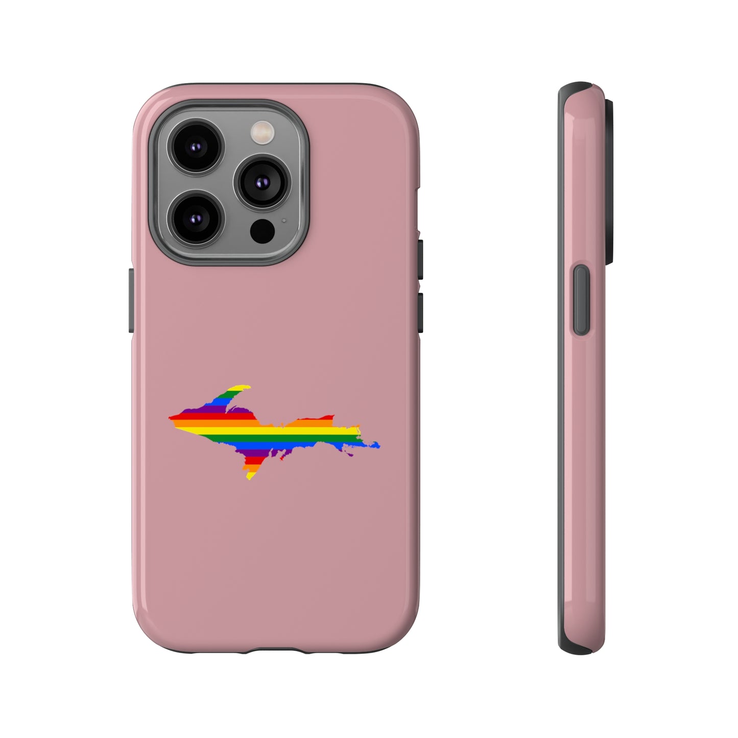 Michigan Upper Peninsula Tough Phone Case (Cherry Blossom Pink w/ UP Pride Flag Outline) | Apple iPhone