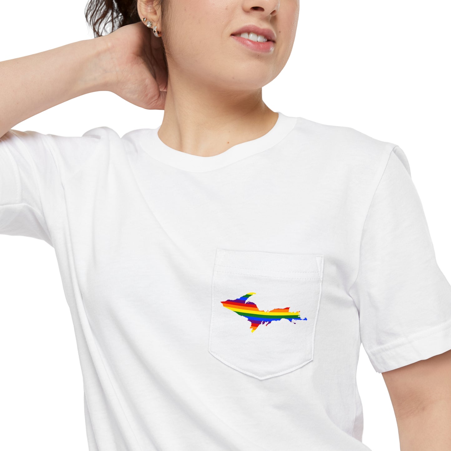 Michigan Upper Peninsula Pocket T-Shirt (w/ UP Rainbow Pride Flag) | Unisex Standard