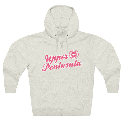 Upper Peninsula EST 1837' Hoodie (Rhodochrosite Pink Script Font) | Unisex Full Zip