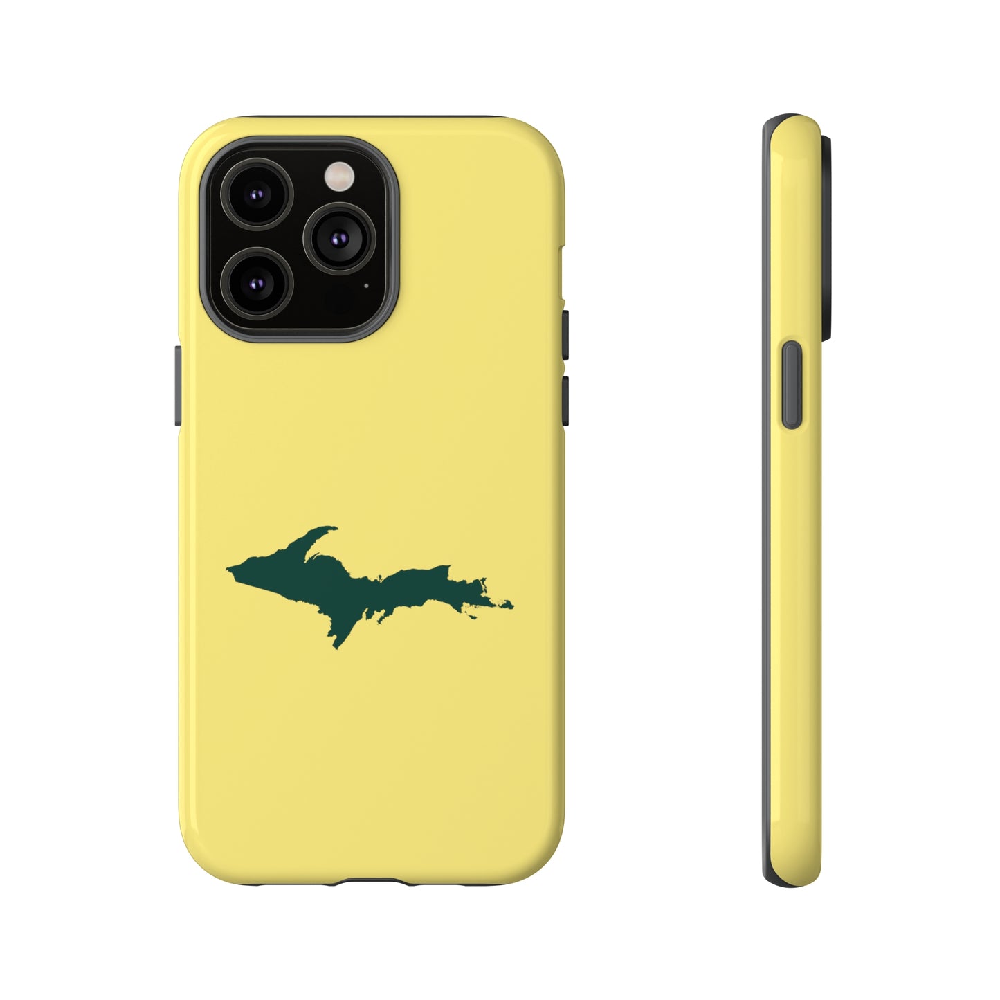 Michigan Upper Peninsula Tough Phone Case (Yellow Cherry Color w/ Green UP Outline) | Apple iPhone