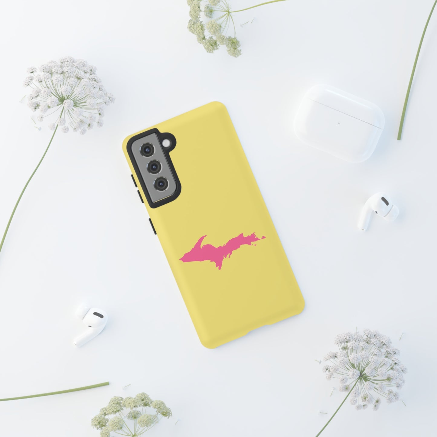 Michigan Upper Peninsula Tough Phone Case (Yellow Cherry Color w/ Pink UP Outline) | Samsung & Pixel Android