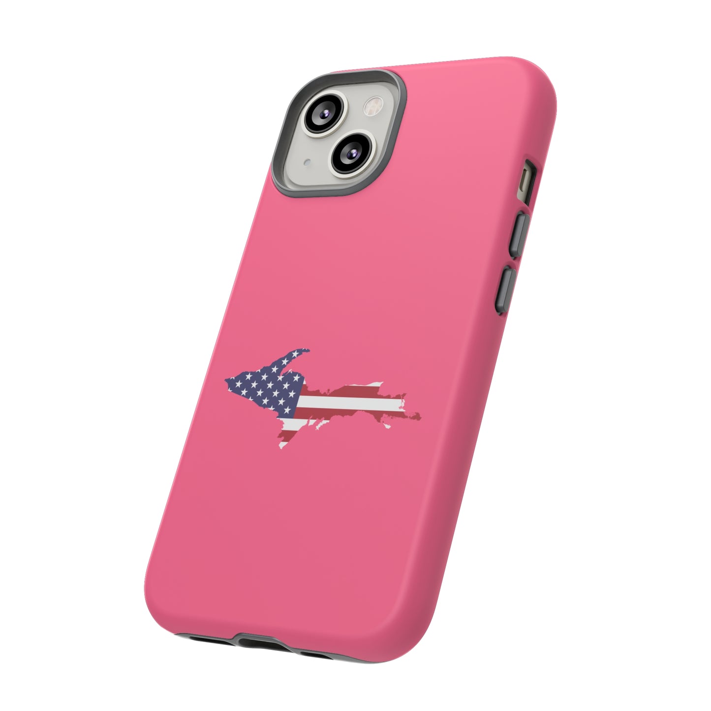 Michigan Upper Peninsula Tough Phone Case (Rhodochrosite Pink w/ UP USA Flag Outline) | Apple iPhone