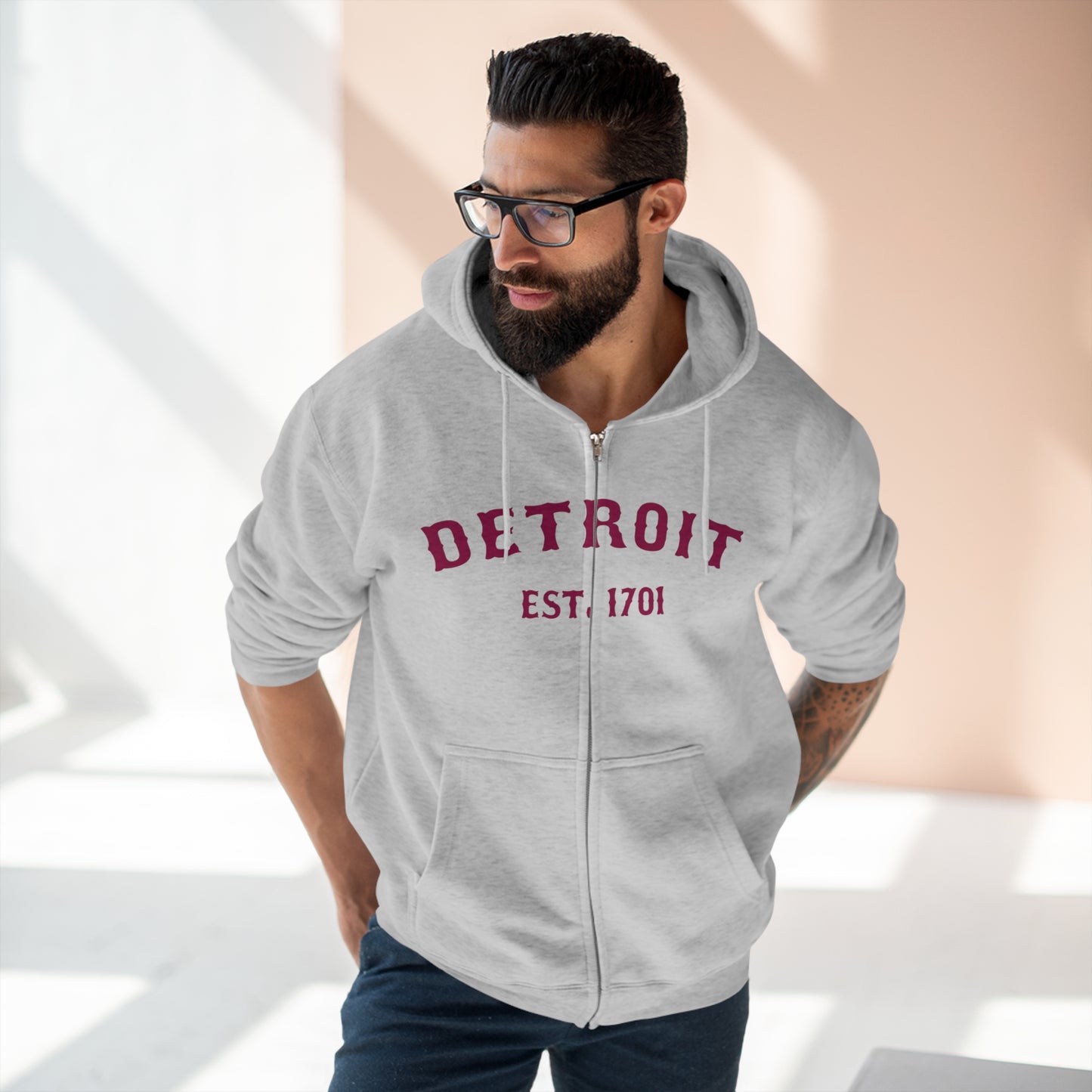 'Detroit EST. 1701' Hoodie (Ruby Red Ballpark Font) | Unisex Full Zip