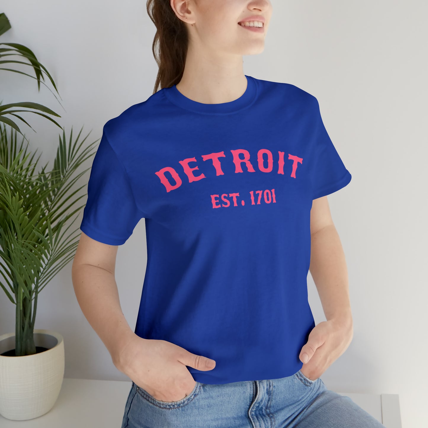 'Detroit EST. 1701' T-Shirt (Rhodochrosite Pink Ballpark Font) | Unisex Standard