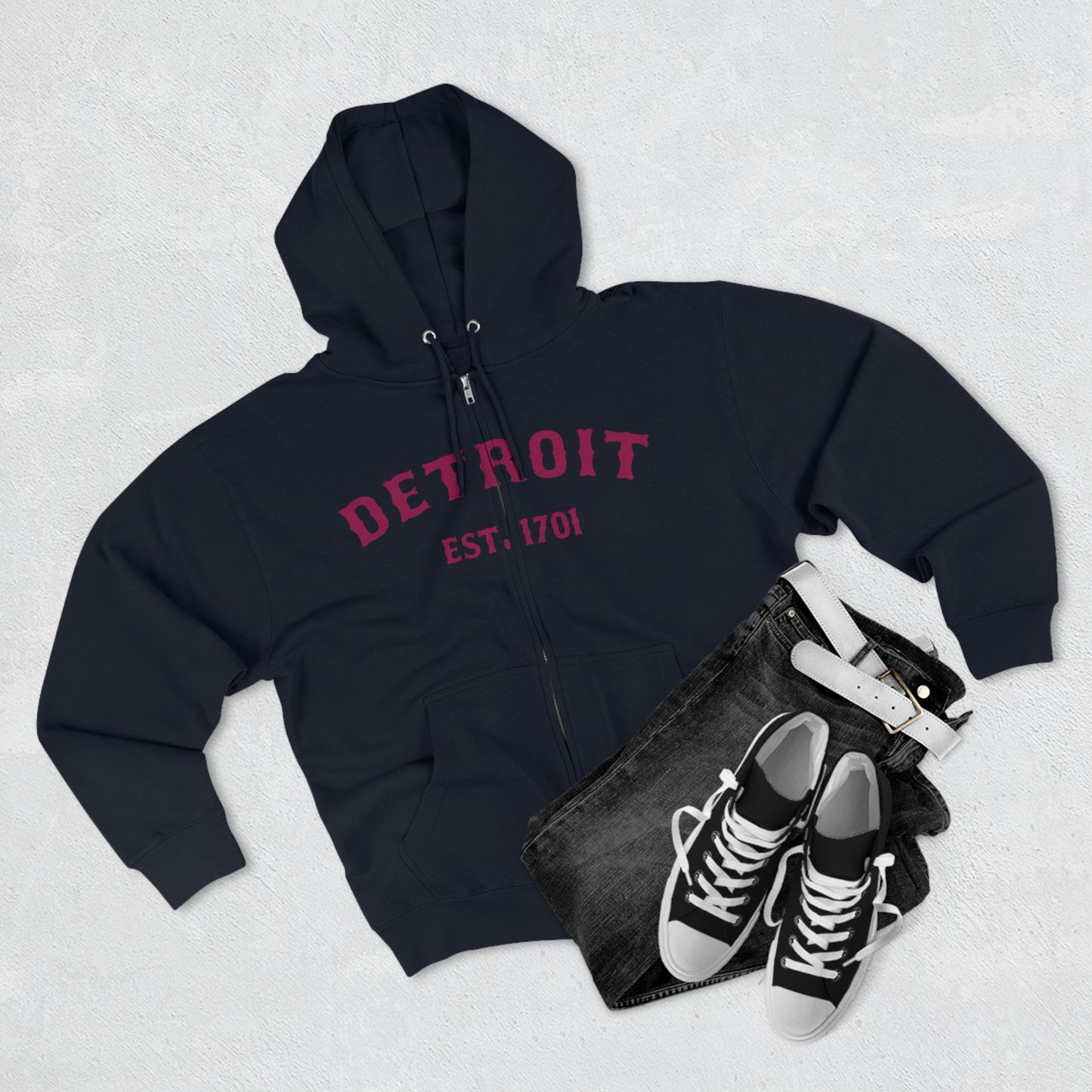 'Detroit EST. 1701' Hoodie (Ruby Red Ballpark Font) | Unisex Full Zip