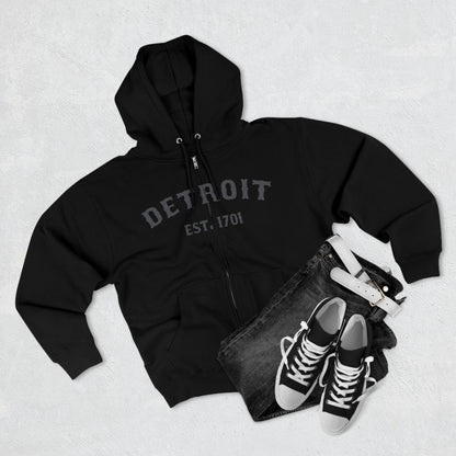 'Detroit EST. 1701' Hoodie (Iron Ore Grey Ballpark Font) | Unisex Full Zip