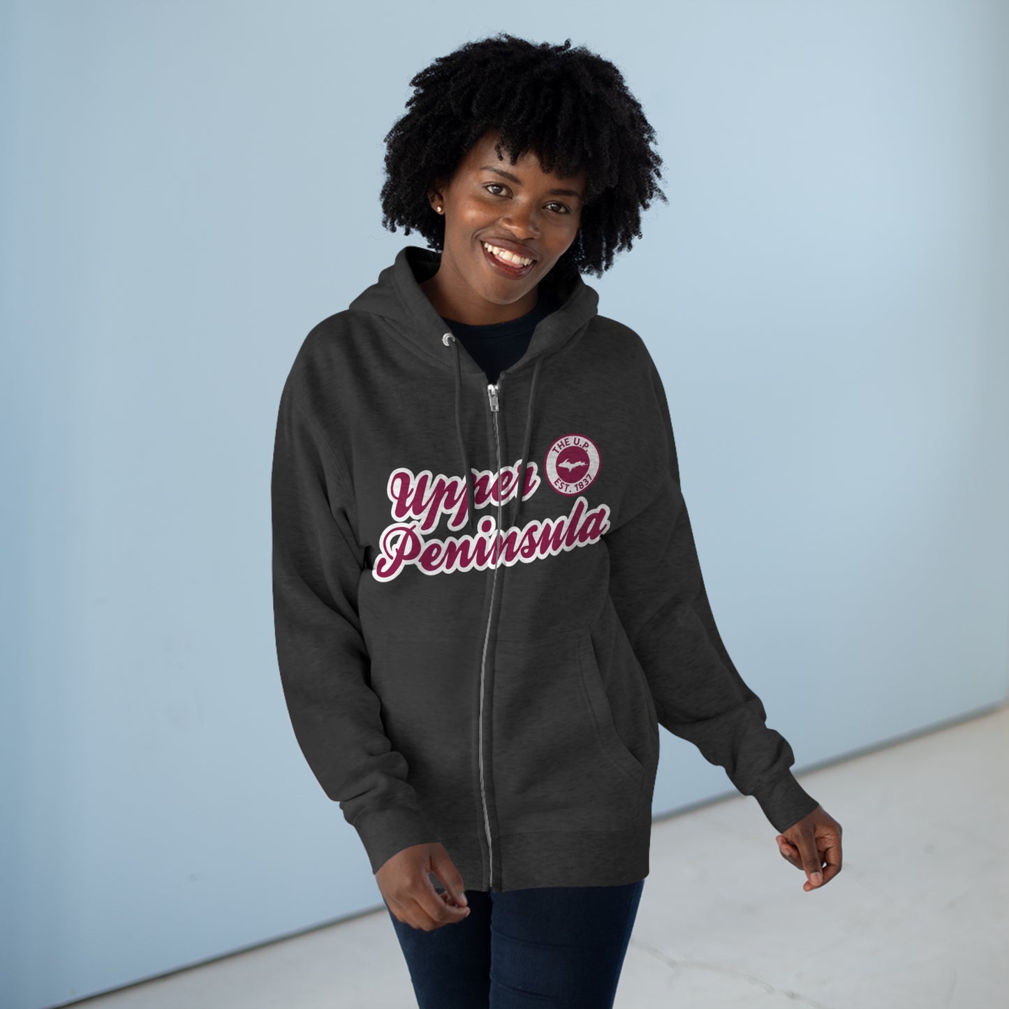 Upper Peninsula EST 1837' Hoodie (Ruby Red Script Font) | Unisex Full Zip