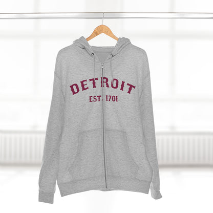 'Detroit EST. 1701' Hoodie (Ruby Red Ballpark Font) | Unisex Full Zip