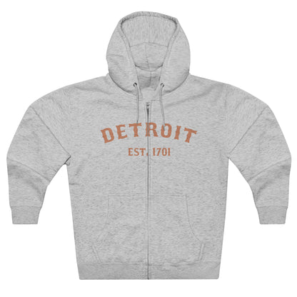 'Detroit EST. 1701' Hoodie (Copper Ballpark Font) | Unisex Full Zip