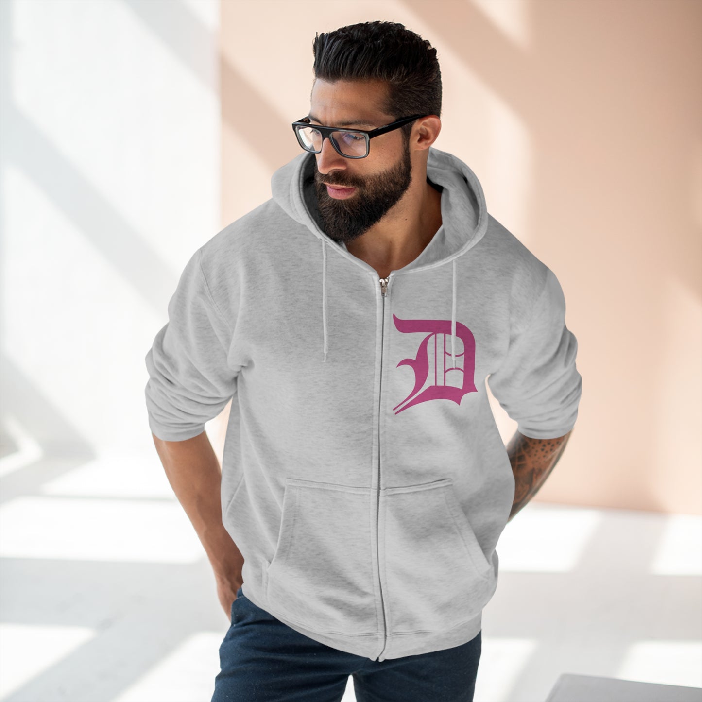 Detroit 'Old English D' Hoodie (Apple Blossom Pink) | Unisex Full Zip