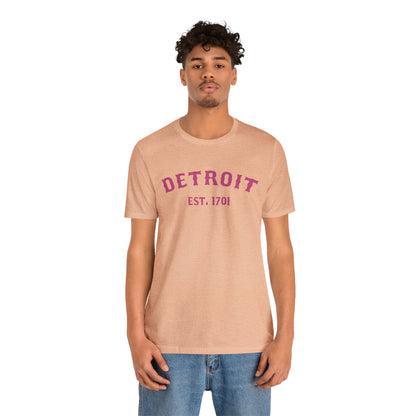 'Detroit EST. 1701' T-Shirt (Apple Blossom Pink Ballpark Font) | Unisex Standard