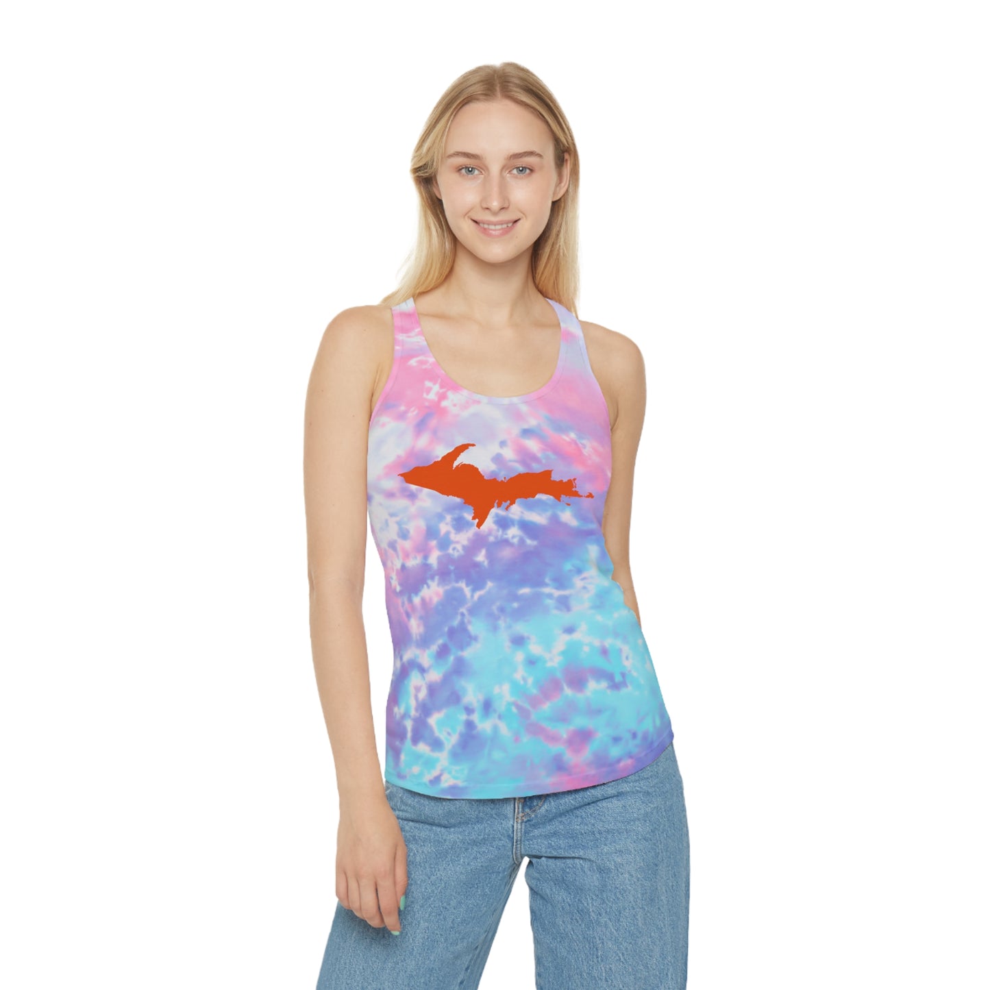 Michigan Upper Peninsula Tank Top (w/ Orange UP Outline) | Tie-Dye Racerback