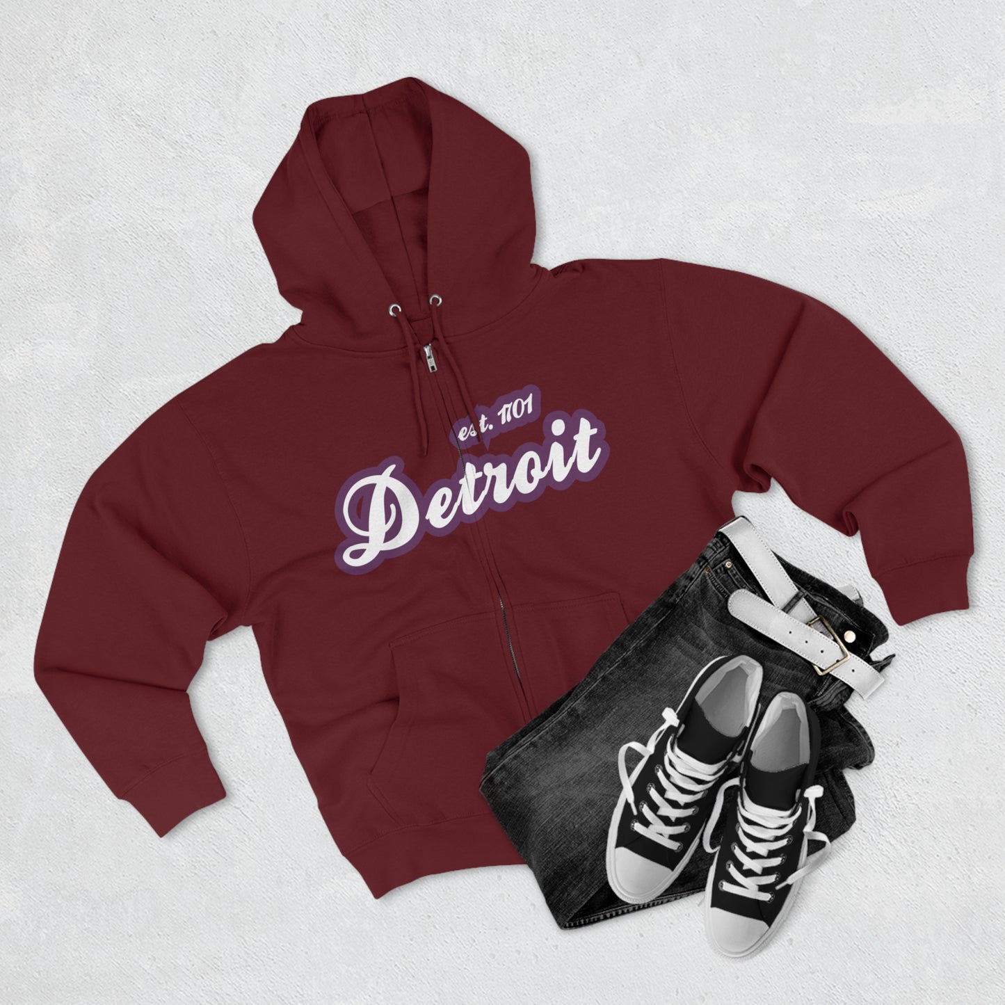 'Detroit EST 1701' Hoodie (Plum Script Font) | Unisex Full Zip