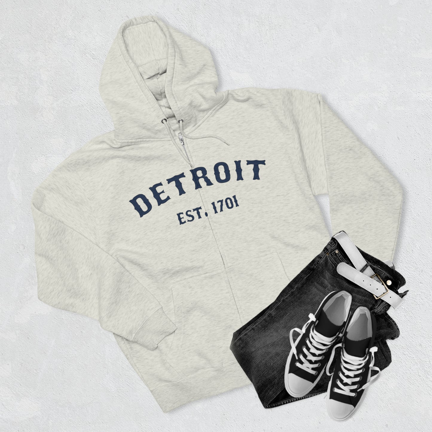 'Detroit EST. 1701' Hoodie (Ballpark Font) | Unisex Full Zip