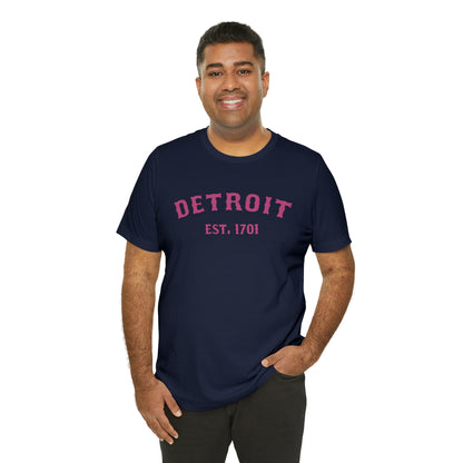 'Detroit EST. 1701' T-Shirt (Apple Blossom Pink Ballpark Font) | Unisex Standard