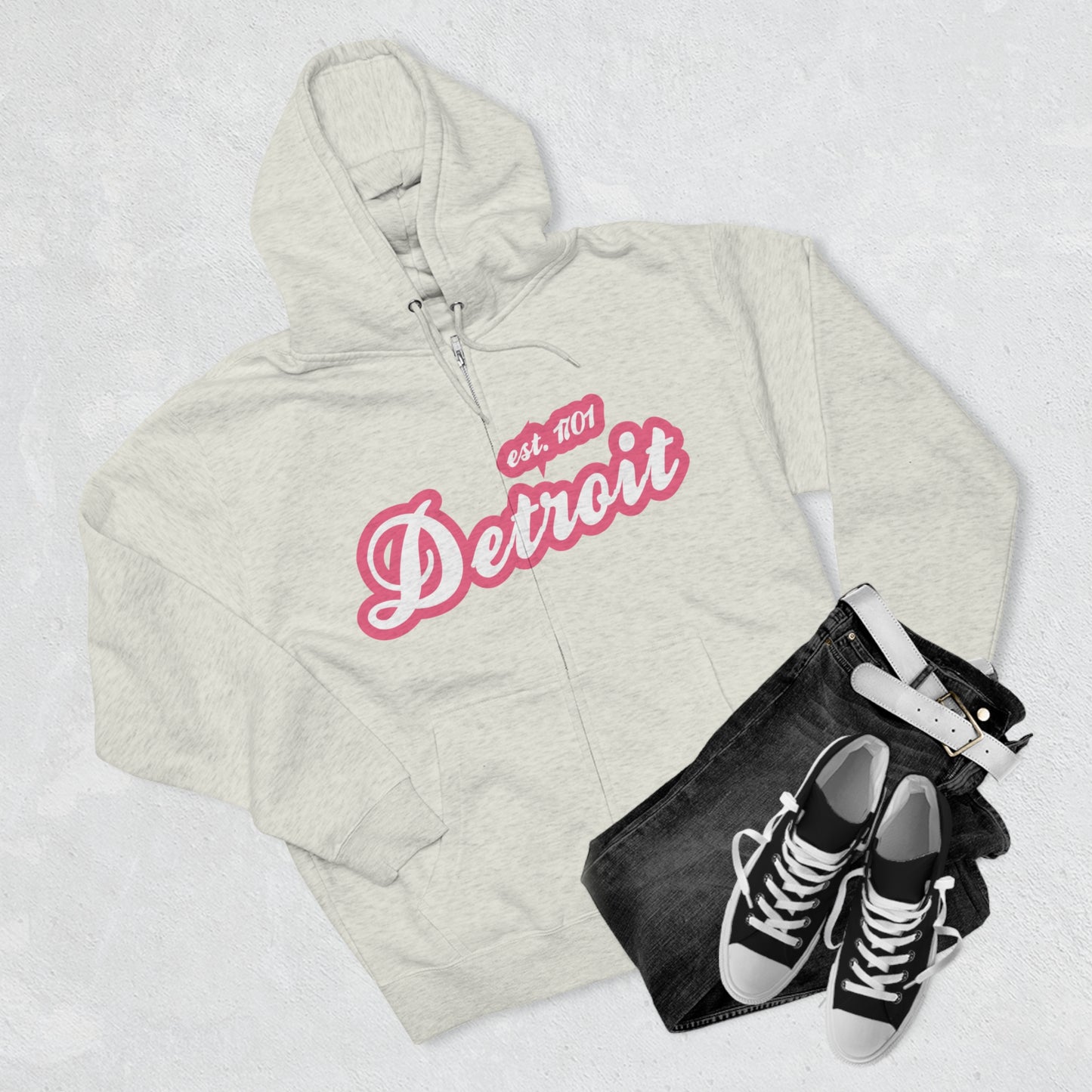 'Detroit EST 1701' Hoodie (Rhodochrosite Pink Script Font) | Unisex Full Zip