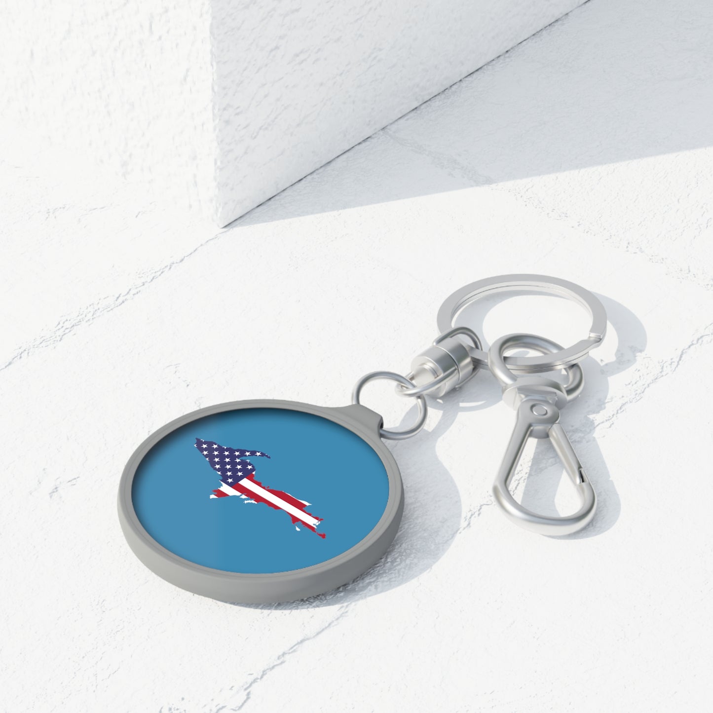 Michigan Upper Peninsula Keyring (w/ UP USA Flag) | Lake Michigan Blue