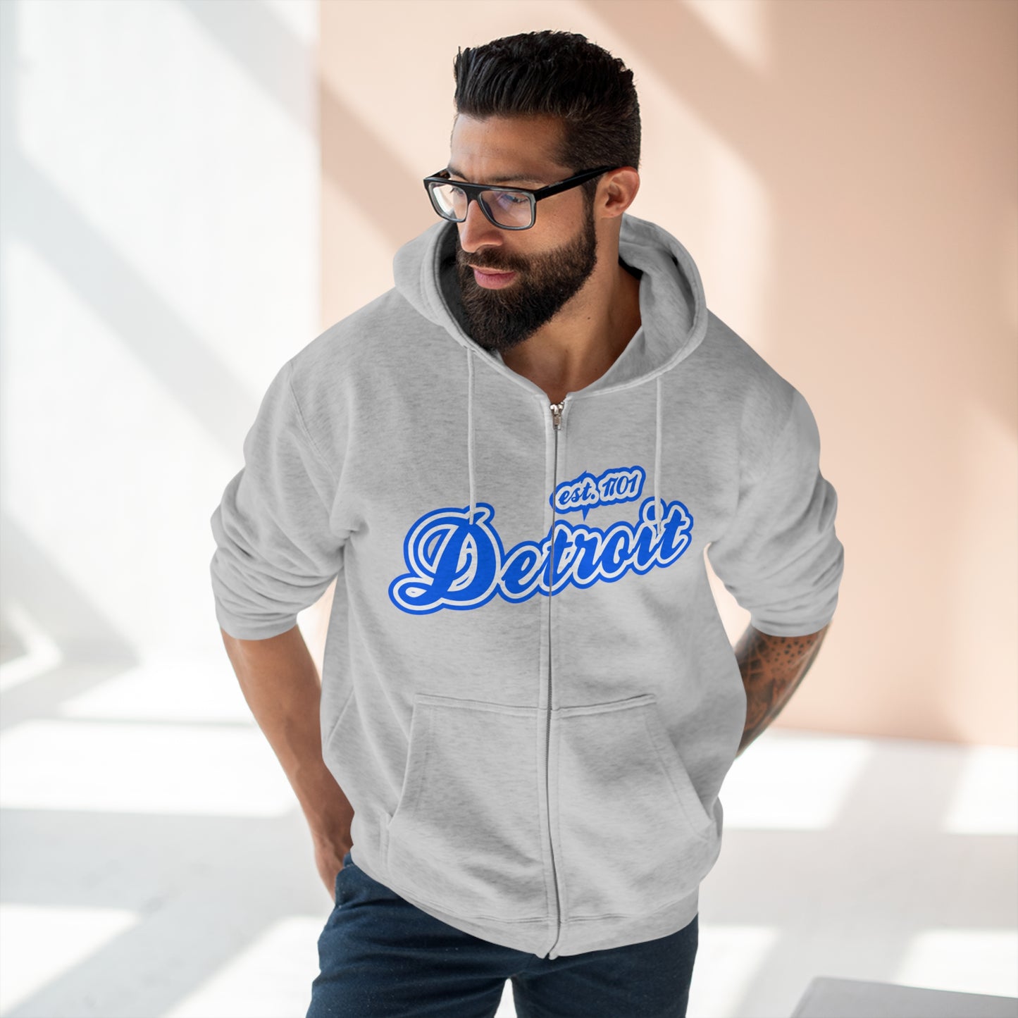 'Detroit EST 1701' Hoodie (Motor Town Blue Script Font) | Unisex Full Zip