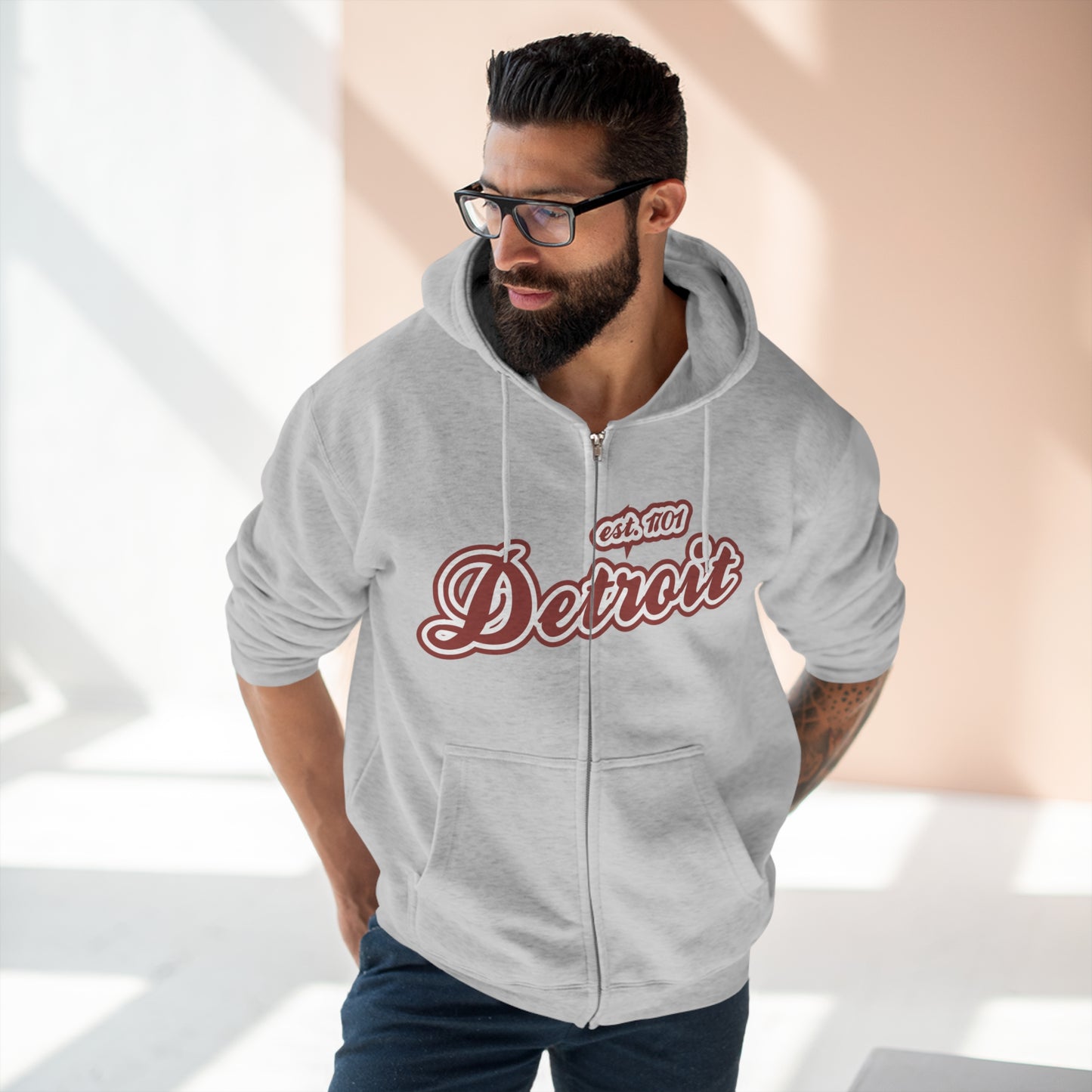 'Detroit EST 1701' Hoodie (Ore Dock Red Script Font) | Unisex Full Zip