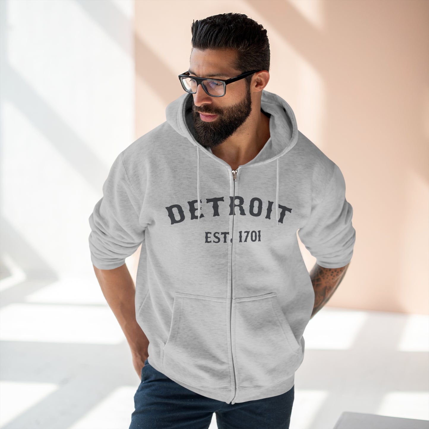 'Detroit EST. 1701' Hoodie (Iron Ore Grey Ballpark Font) | Unisex Full Zip