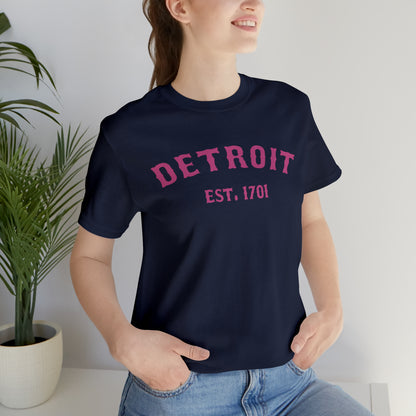 'Detroit EST. 1701' T-Shirt (Apple Blossom Pink Ballpark Font) | Unisex Standard