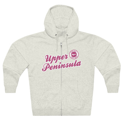 'Upper Peninsula EST 1837' Hoodie (Apple Blossom Pink Script Font) | Unisex Full Zip