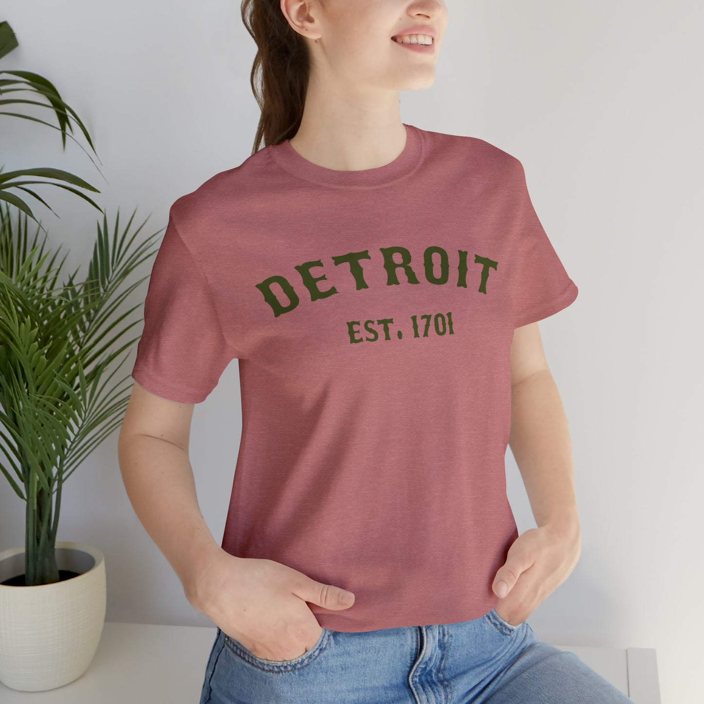 'Detroit EST. 1701' T-Shirt (Army Green Ballpark Font) | Unisex Standard