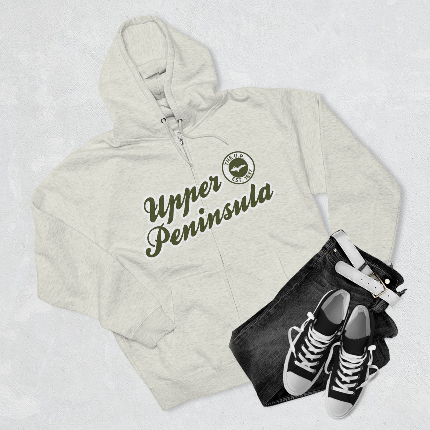 'Upper Peninsula EST 1837' Hoodie (Army Green Script Font) | Unisex Full Zip