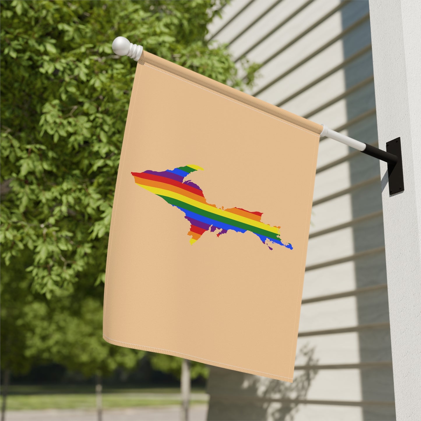 Michigan Upper Peninsula Home & Garden Flag (w/ UP Rainbow Pride Flag) | Pale Apricot