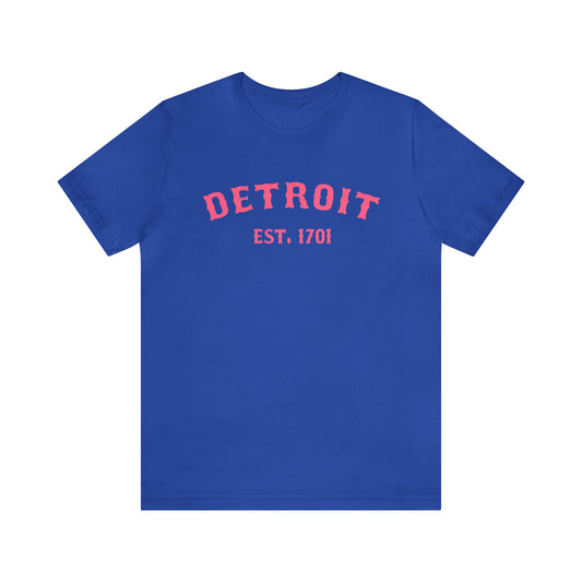 'Detroit EST. 1701' T-Shirt (Rhodochrosite Pink Ballpark Font) | Unisex Standard