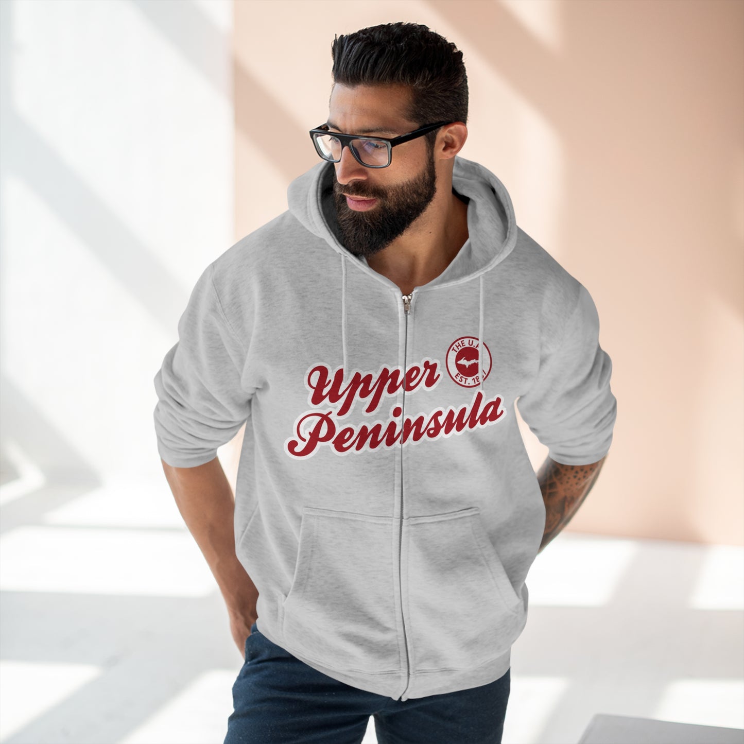 'Upper Peninsula EST 1837' Hoodie (Thimbleberry Red Script Font) | Unisex Full Zip