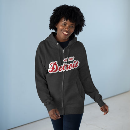 'Detroit EST 1701' Hoodie (Aliform Red Script Font) | Unisex Full Zip