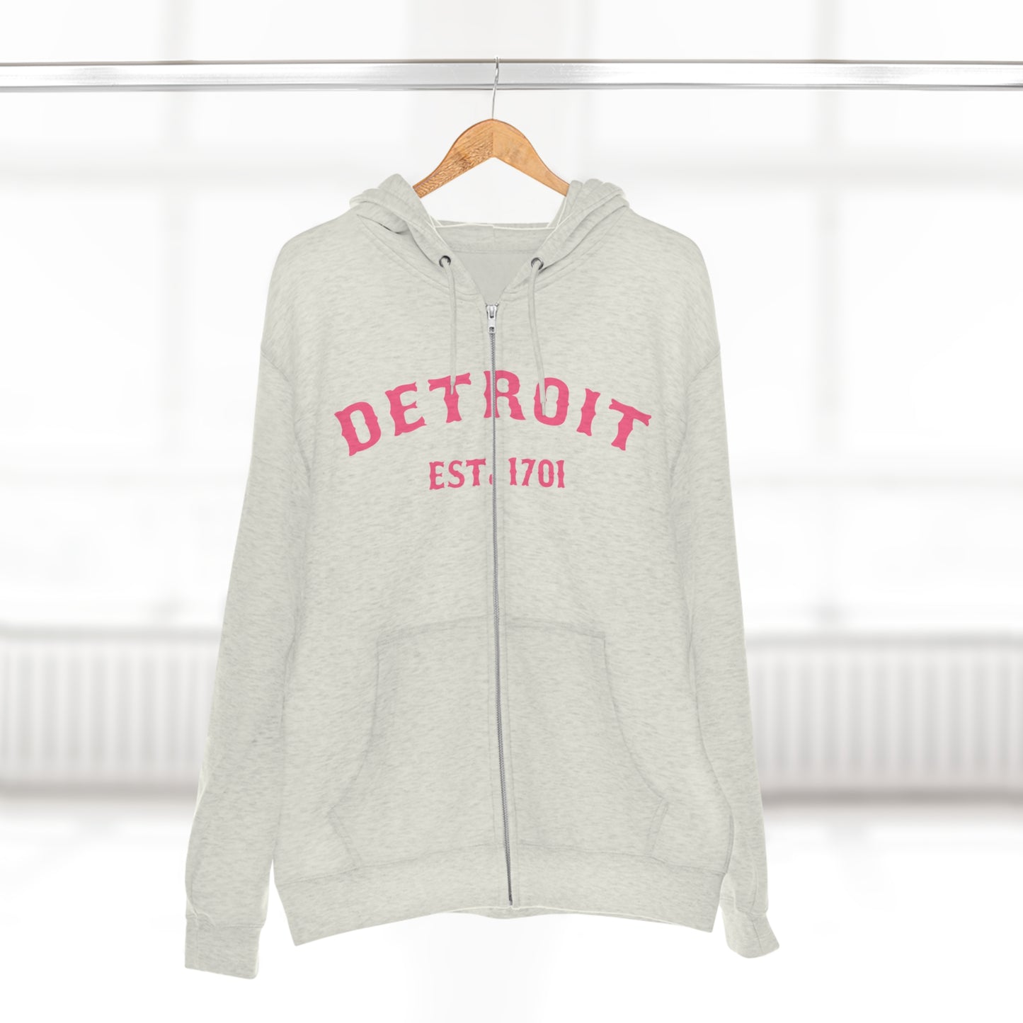 'Detroit EST. 1701' Hoodie (Rhodochrosite Pink Ballpark Font) | Unisex Full Zip