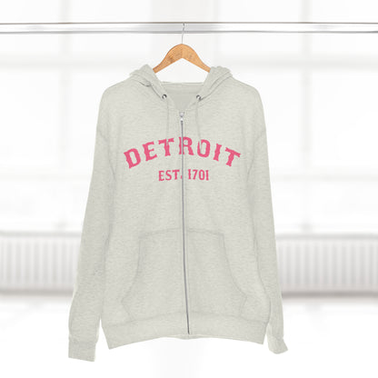 'Detroit EST. 1701' Hoodie (Rhodochrosite Pink Ballpark Font) | Unisex Full Zip