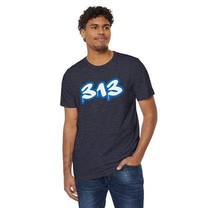 Detroit '313' T-Shirt (Azure Tag Font) | Unisex Recycled Organic