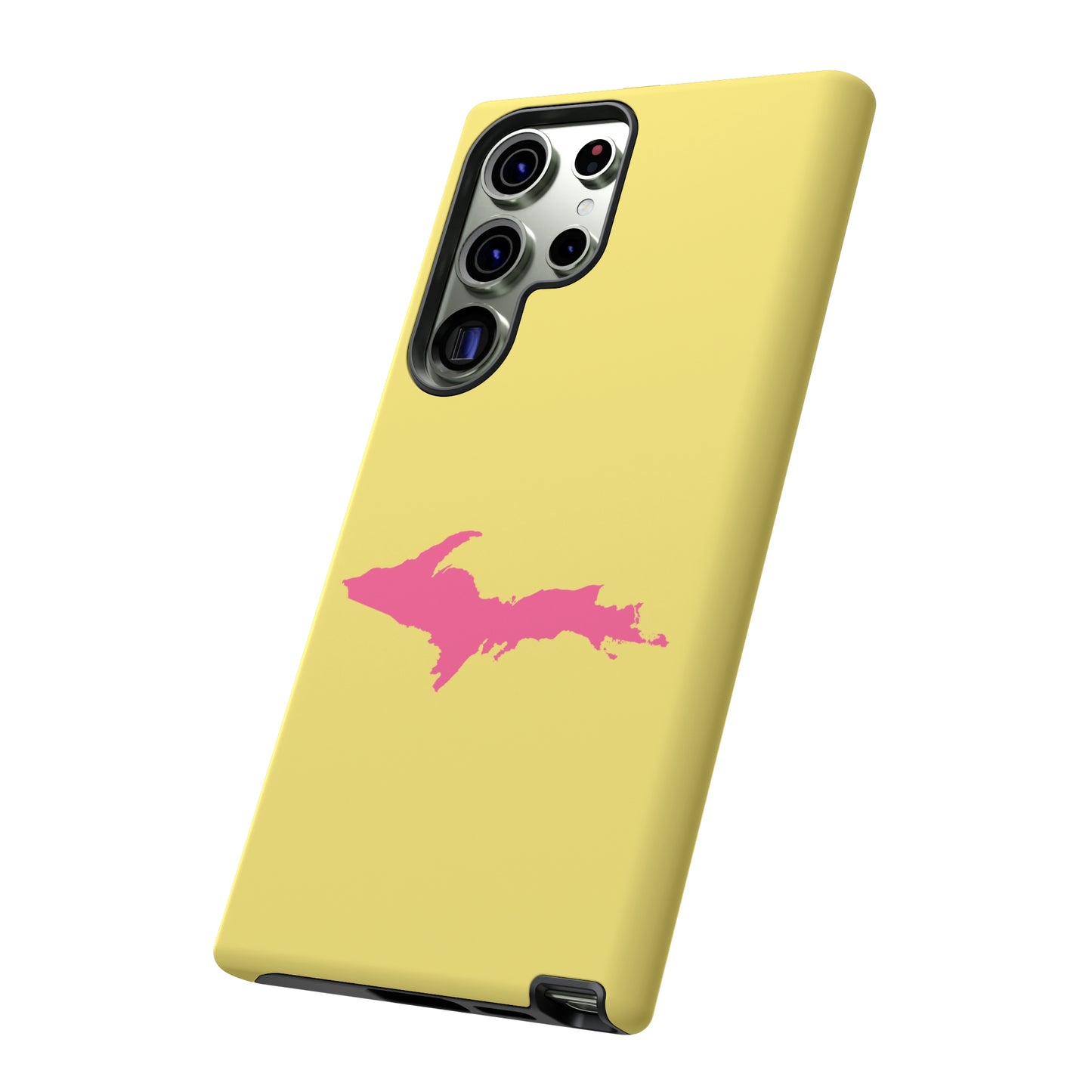 Michigan Upper Peninsula Tough Phone Case (Yellow Cherry Color w/ Pink UP Outline) | Samsung & Pixel Android